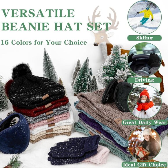 Women Green Knit Beanie Hat, Gloves, Scarf & Ear Warmer Set - Winter - Picture 7 of 7